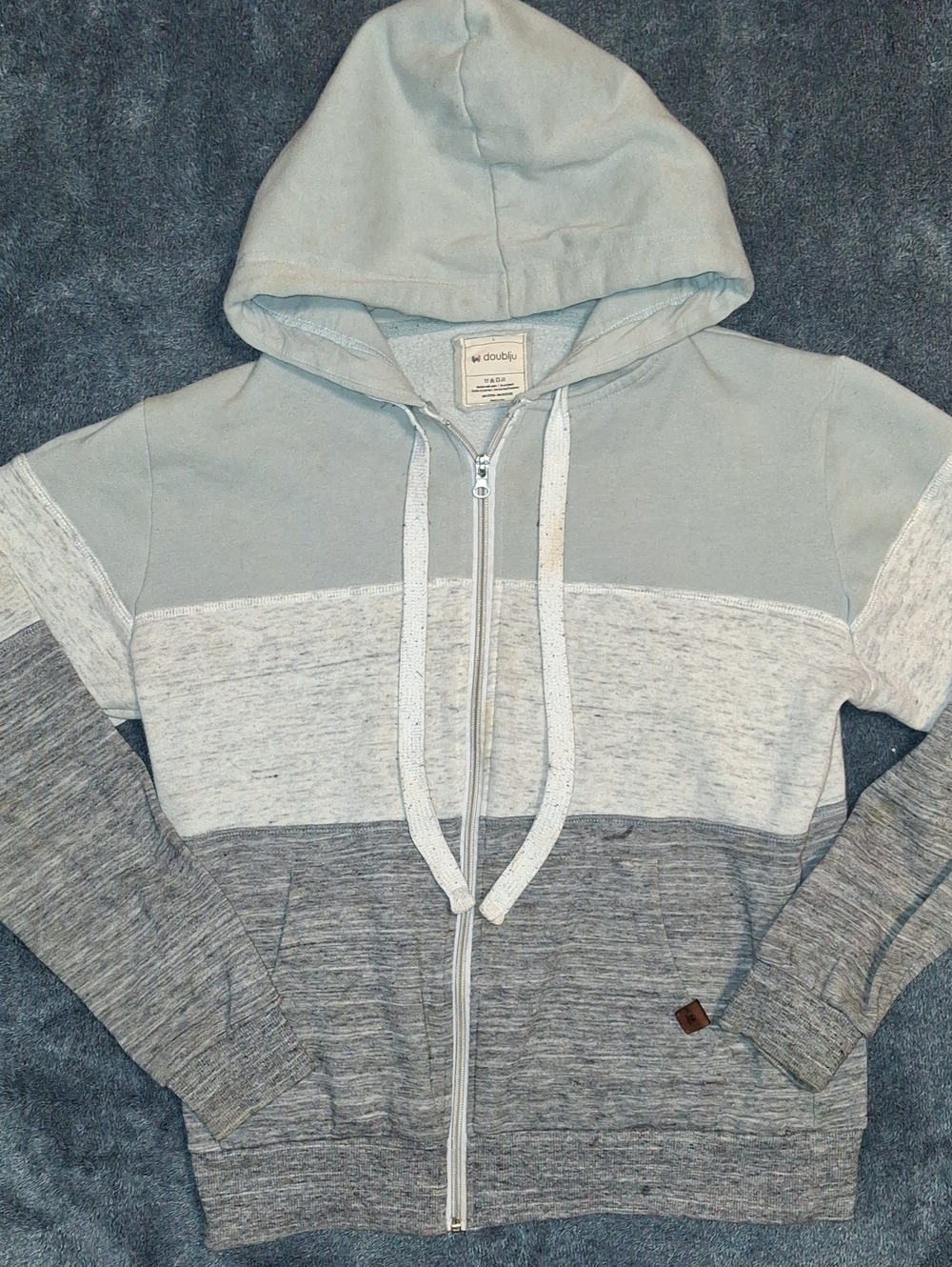 Doublju Light Blue & Gray Colorblock Zip Hoodie